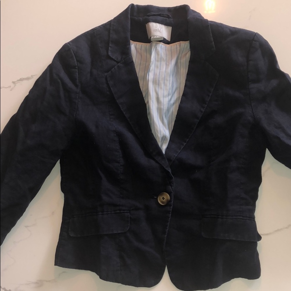 H&M 3/4 sleeve Linen Blazer Navy SZ. 6